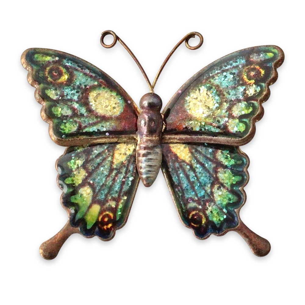 Vintage Butterfly Brooch Pin Blue Green Multicolor Enamel Glitter Bohemian 1970s